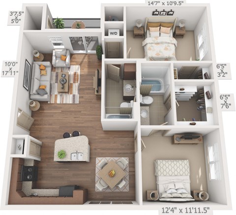 Floor plan for 2 beds, 2 baths, 1023 sqft